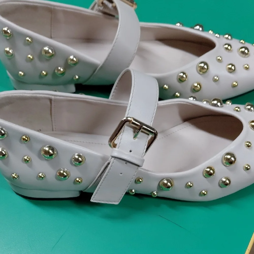 White Mary Jane Flats with Gold Stud Accents - Picture 5 of 7